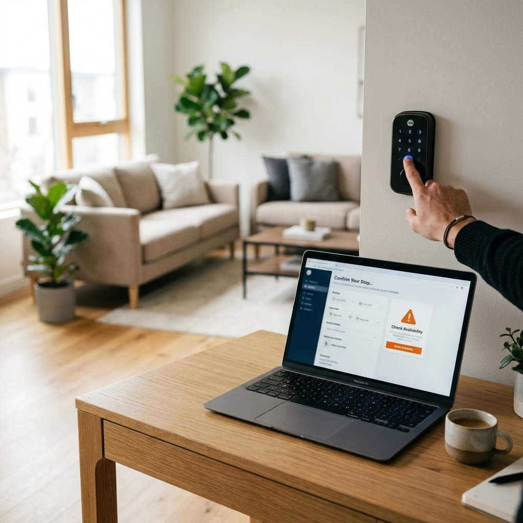 Un laptop su una scrivania mostra un sito di prenotazioni online, con una mano che interagisce con una serratura digitale, sullo sfondo un moderno salotto di una casa vacanza.