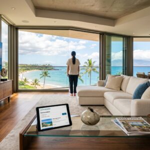 Interno di un lussuoso salotto di un condominio a Maui, con vista sull'oceano e una persona di spalle che ammira il paesaggio. (Immagine generata con IA)