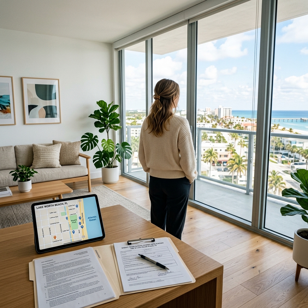 Interno di un moderno salotto di casa vacanza con un tablet su un tavolino che mostra una mappa, documenti legali e una persona di spalle che guarda fuori dalla finestra verso un paesaggio urbano. (Immagine generata con IA)