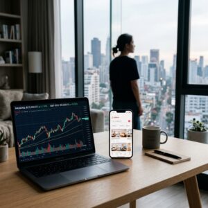 Interno di un ufficio moderno con laptop e smartphone, che mostra dati finanziari e l'app Airbnb.