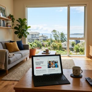 Interno di un moderno salotto di una casa vacanza con un dispositivo che mostra iniziative di supporto comunitario.