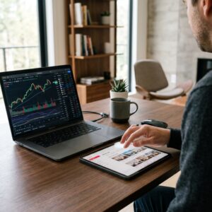Schermo di un laptop che mostra grafici finanziari e un tablet con l'app Airbnb, in un moderno ufficio domestico.