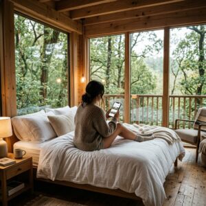 Interno di una moderna casa sull'albero con vista sulla foresta, un letto accogliente e una persona di spalle che guarda il panorama. (Immagine generata con IA)