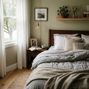 Interno di una moderna camera da letto, accogliente e ben illuminata, con un letto matrimoniale e alcuni oggetti personali, che suggerisce un rifugio temporaneo in un momento di bisogno.