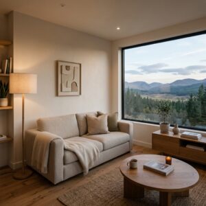 Interno di un soggiorno moderno e accogliente in una casa vacanze, con divano e finestra panoramica. (Immagine generata con IA)