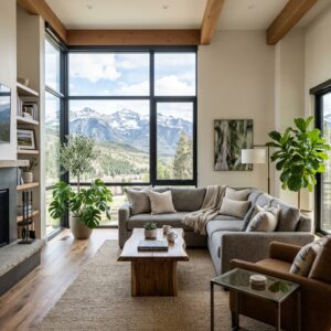 Un moderno soggiorno di una casa vacanza con ampie finestre che mostrano un paesaggio montano, illuminato dalla luce naturale. (Immagine generata con IA)