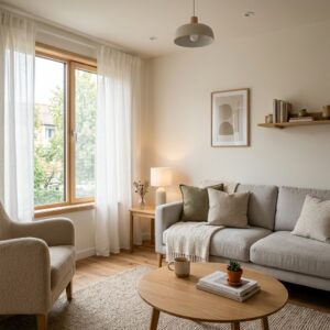 Interno di un soggiorno moderno e accogliente in una casa vacanze, illuminato da luce naturale. (Immagine generata con IA)