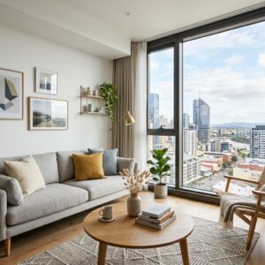 Interno moderno e luminoso di un appartamento per affitti brevi con vista panoramica. (Immagine generata con IA)