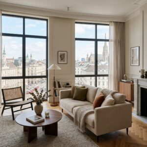 Soggiorno elegante di un appartamento vacanze a Vienna con vista sulla città storica. (Immagine generata con IA)