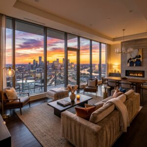 Soggiorno moderno e lussuoso di una casa vacanze con vista panoramica sulla città al tramonto. (Immagine generata con IA)