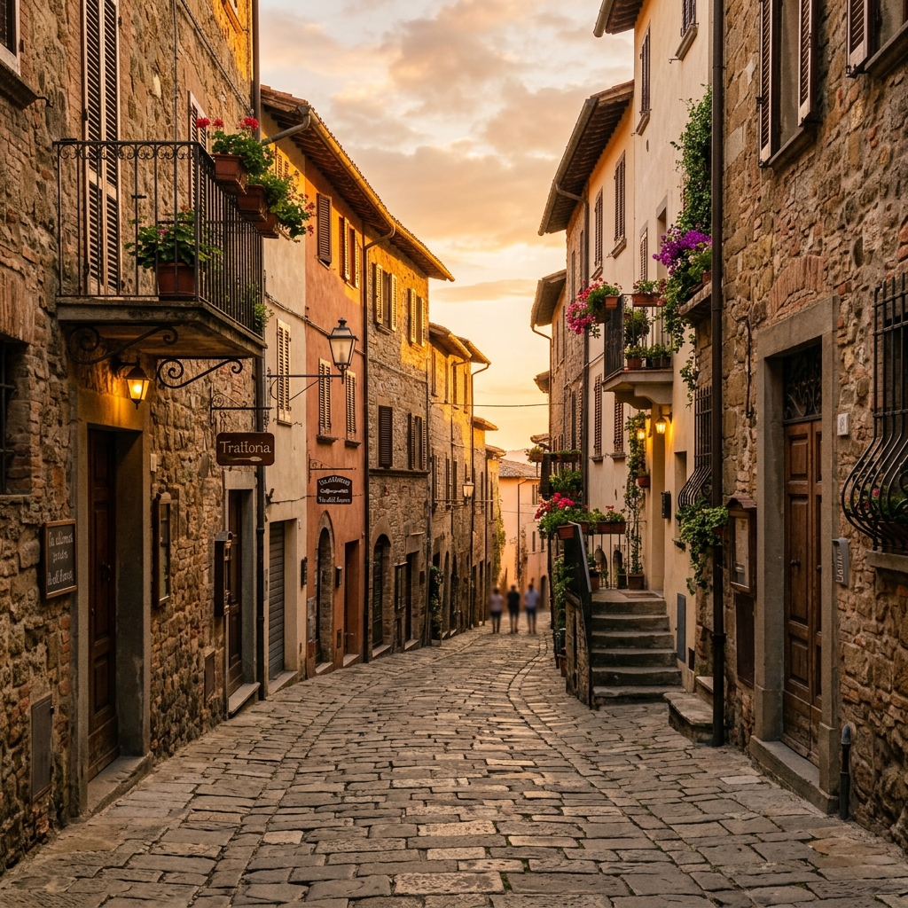 Panoramica di una strada acciottolata in un borgo storico italiano al tramonto.