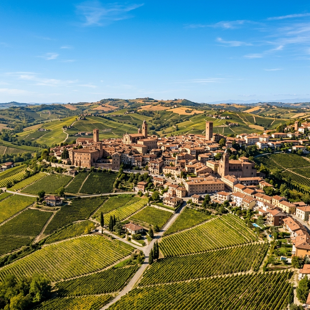 Vista panoramica della città di Alba con colline e vigneti circostanti (Immagine generata con IA)