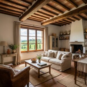 Interni accoglienti di una casa vacanze in stile rustico in Umbria, con vista sulle colline.