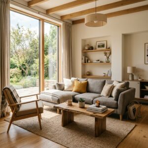 Interno di un moderno soggiorno in una casa vacanze con arredi confortevoli e luce naturale. (Immagine generata con IA)