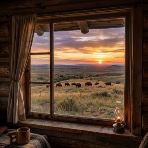 Vista di un ranch con bisonti al tramonto, dalla finestra di un alloggio rurale. (Immagine generata con IA)