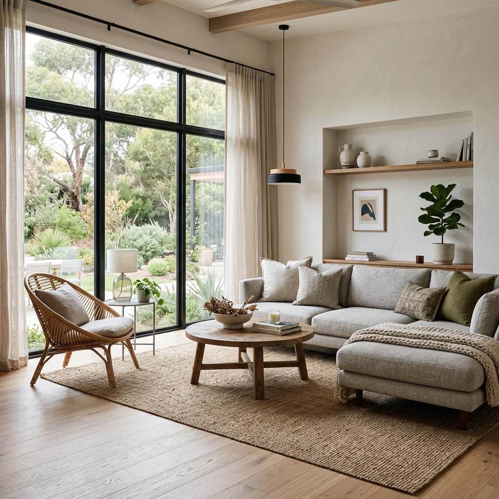Soggiorno moderno e luminoso di una casa vacanze con arredamento elegante e ampie finestre. (Immagine generata con IA)