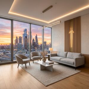 Interno moderno di un appartamento con vista su una città all'alba, simbolo di crescita e successo nel mercato immobiliare.