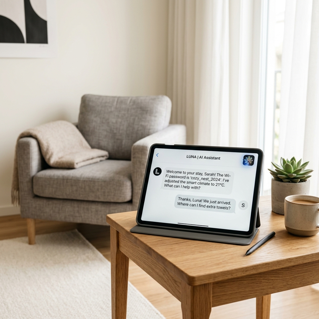 Interno moderno di una casa vacanze con un tablet che mostra un'interfaccia di chat, simbolo dell'intelligenza artificiale per la gestione degli affitti brevi.