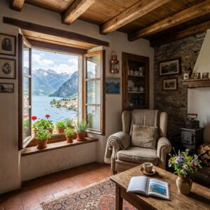 Interno accogliente di una casa vacanze sul Lago di Lecco con vista panoramica. (Immagine generata con IA)