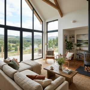 Interno di un moderno soggiorno in una casa vacanze, con divano, arredi curati e ampie finestre. (Immagine generata con IA)