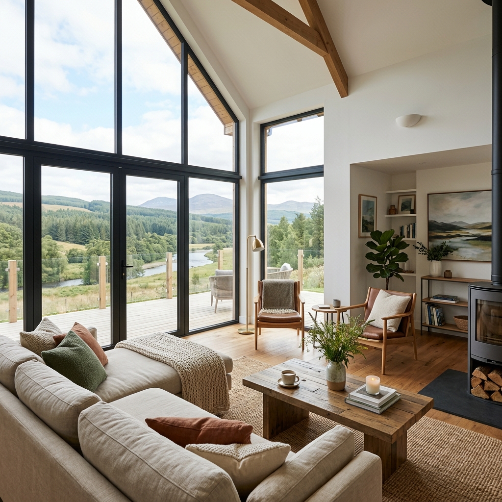Interno di un moderno soggiorno in una casa vacanze, con divano, arredi curati e ampie finestre. (Immagine generata con IA)