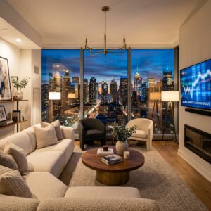 Interno di un moderno e luminoso salotto in una casa vacanze, con vista su uno skyline cittadino al tramonto. (Immagine generata con IA)