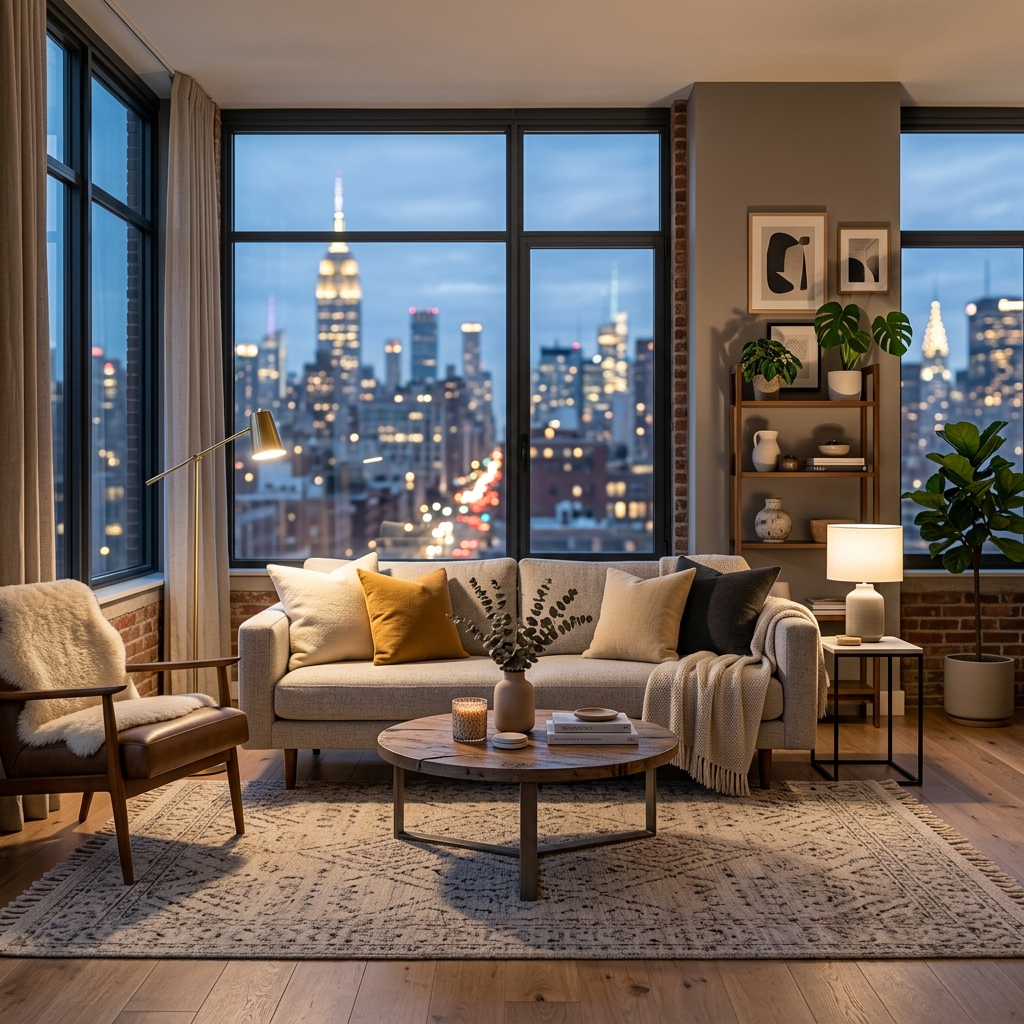 Un moderno e luminoso soggiorno di un appartamento per affitti brevi a New York, con finestre che si affacciano sullo skyline della città.