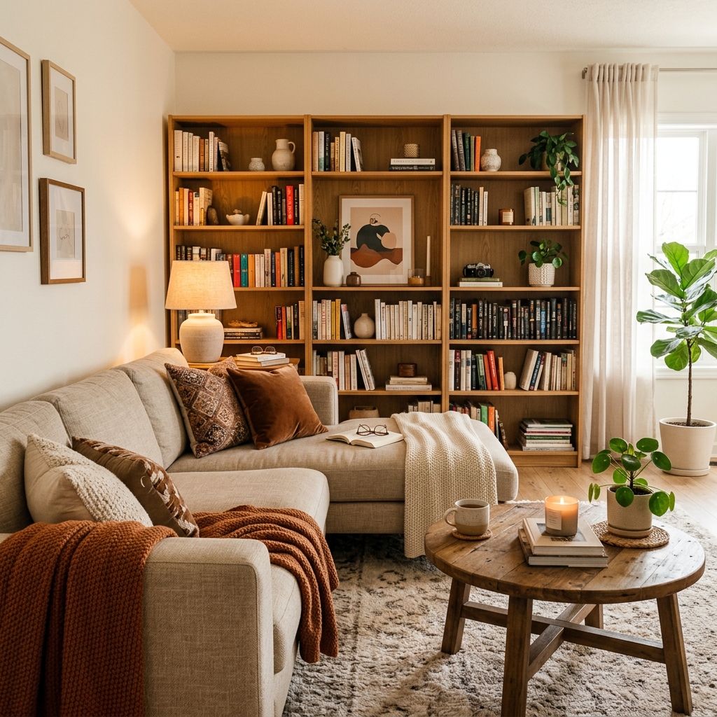 Interno di un moderno e accogliente soggiorno con divano e libreria, che suggerisce un ambiente domestico confortevole e accessibile.
