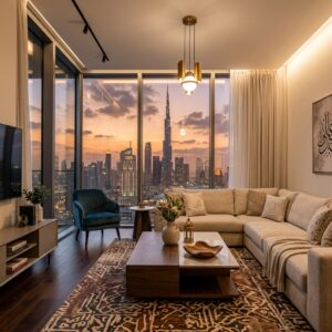 Interno di un lussuoso appartamento per affitti brevi a Dubai, con ampie finestre che offrono una vista sulla città e sul Burj Khalifa al tramonto. (Immagine generata con IA)
