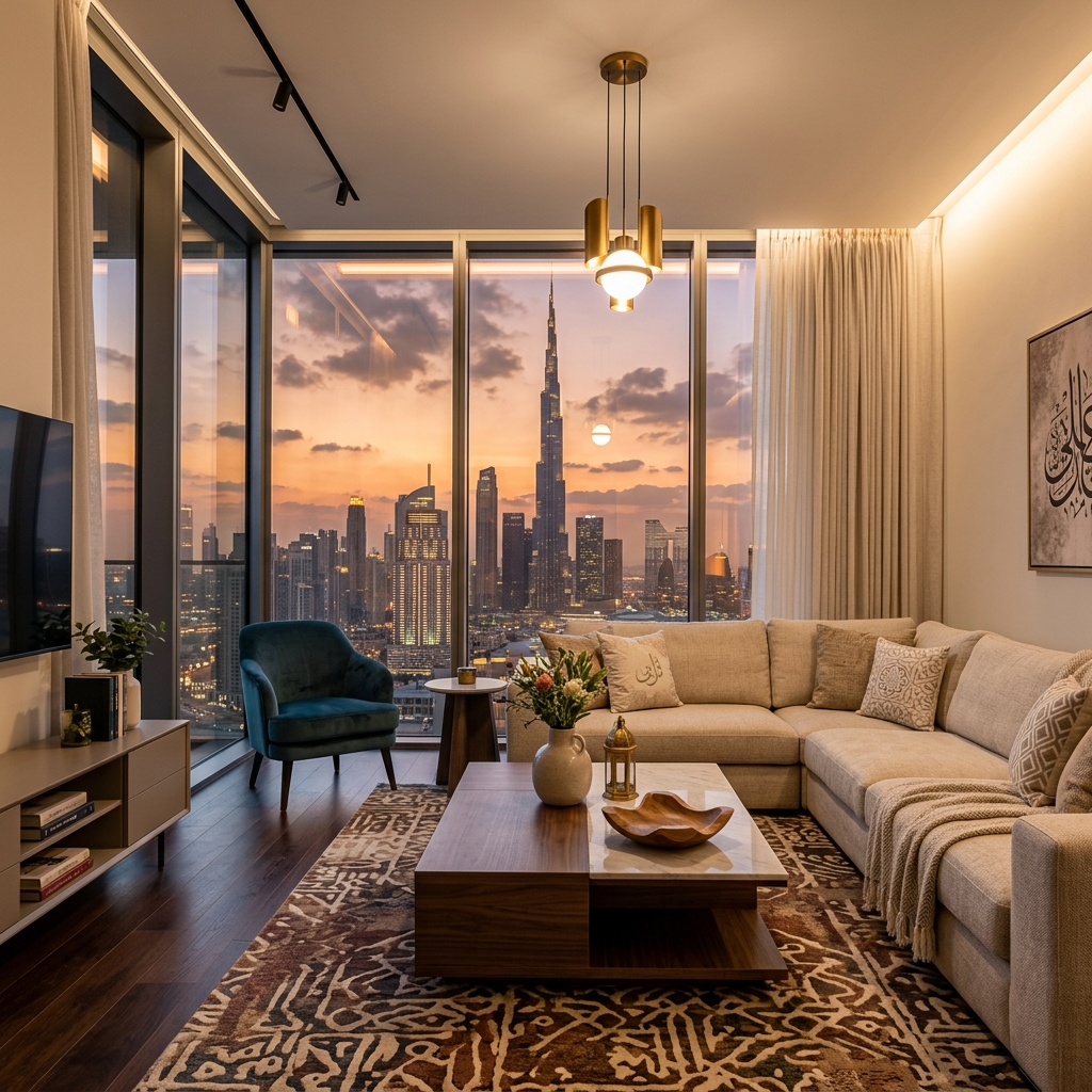 Interno di un lussuoso appartamento per affitti brevi a Dubai, con ampie finestre che offrono una vista sulla città e sul Burj Khalifa al tramonto. (Immagine generata con IA)