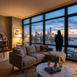 Interno di un appartamento per affitti brevi con vista sullo skyline di New York City al tramonto. (Immagine generata con IA)