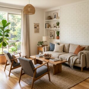 Soggiorno moderno e accogliente di una casa vacanze, con mobili confortevoli e un'atmosfera luminosa. (Immagine generata con IA)