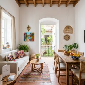 Interno luminoso e moderno di una casa vacanze, arredato con elementi che richiamano lo stile colombiano, con vista su un paesaggio urbano o naturale.