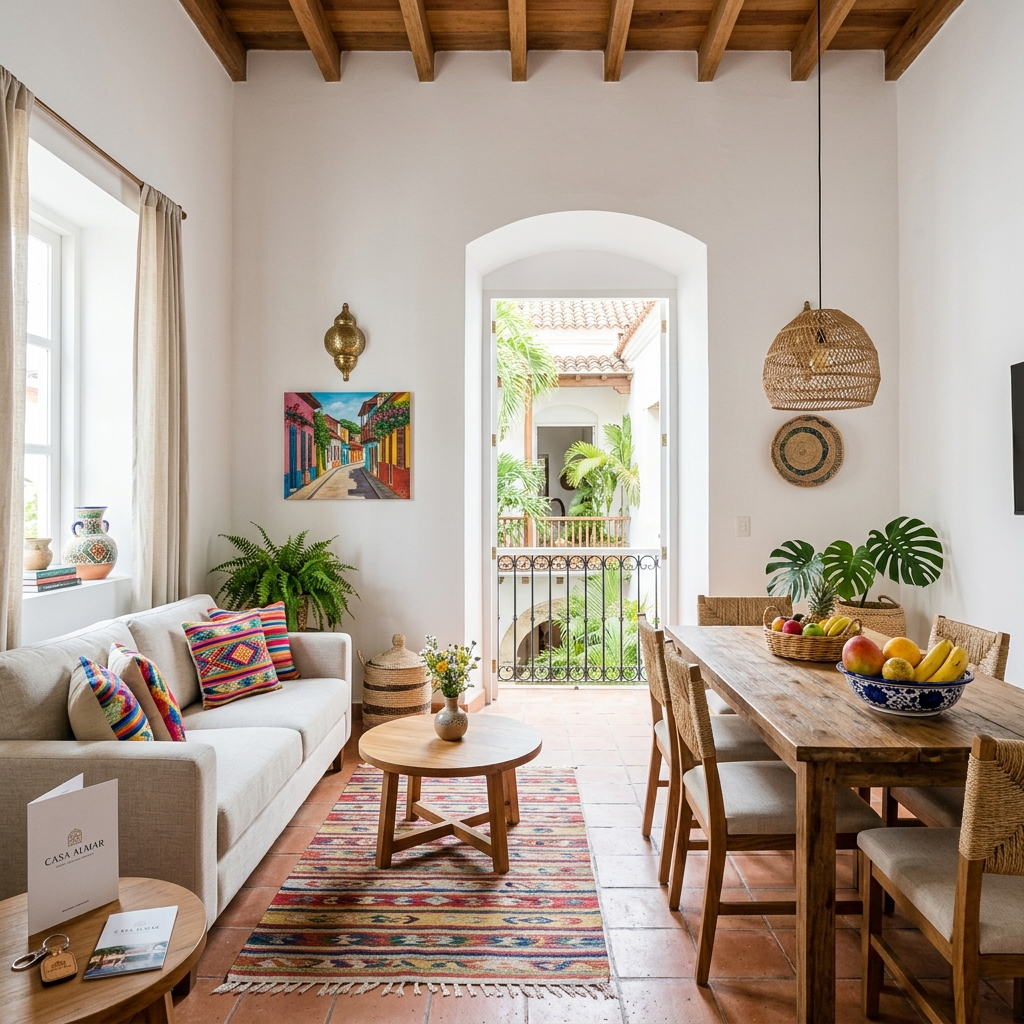 Interno luminoso e moderno di una casa vacanze, arredato con elementi che richiamano lo stile colombiano, con vista su un paesaggio urbano o naturale.