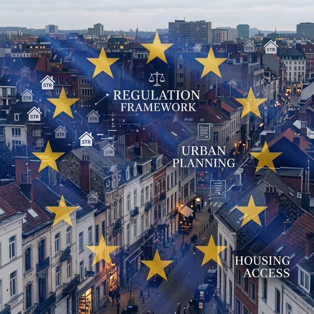 Bandiera dell'Unione Europea sovrapposta a un paesaggio urbano, simboleggiante la regolamentazione degli affitti brevi a livello comunitario e locale.