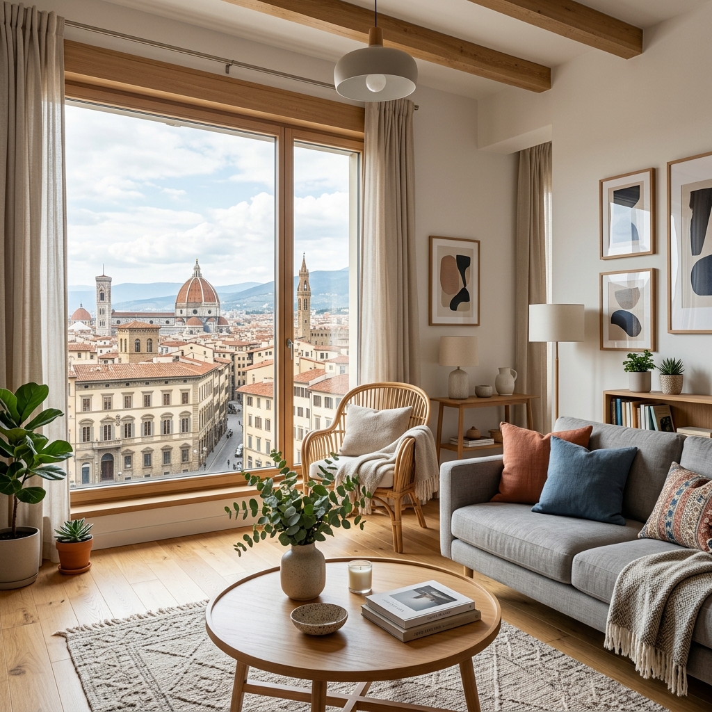 Interno di un appartamento moderno per affitti brevi con vista su una città europea. (Immagine generata con IA)