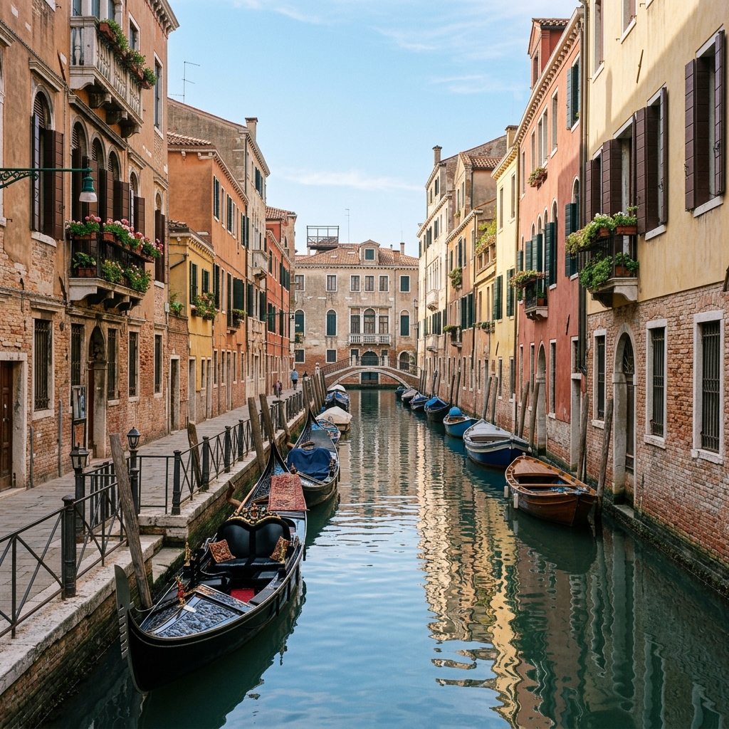 Canale veneziano con gondole e palazzi storici che riflettono la luce del sole.