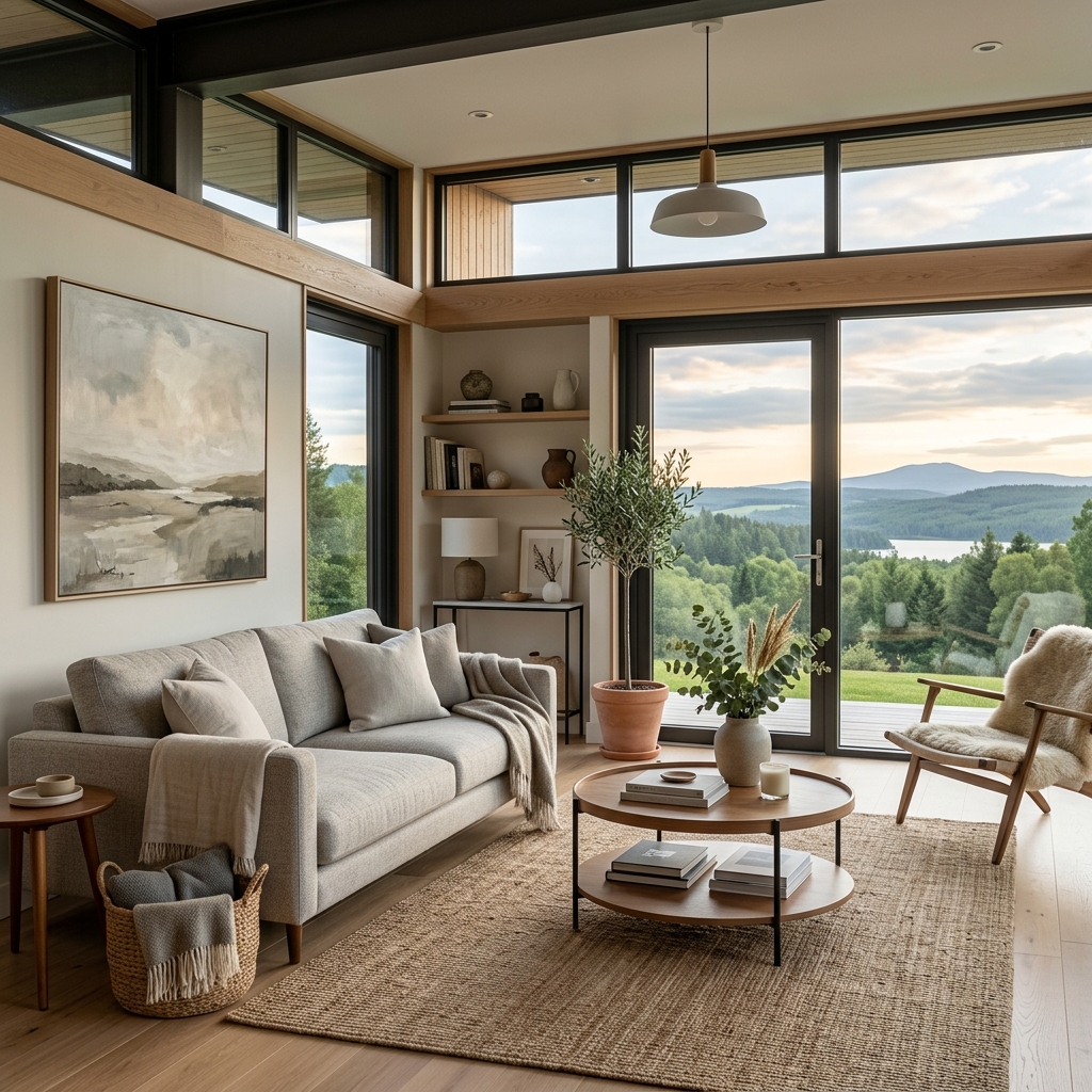 Interno di un moderno soggiorno in una casa vacanze ben arredata, con grandi finestre che mostrano un paesaggio urbano. (Immagine generata con IA)