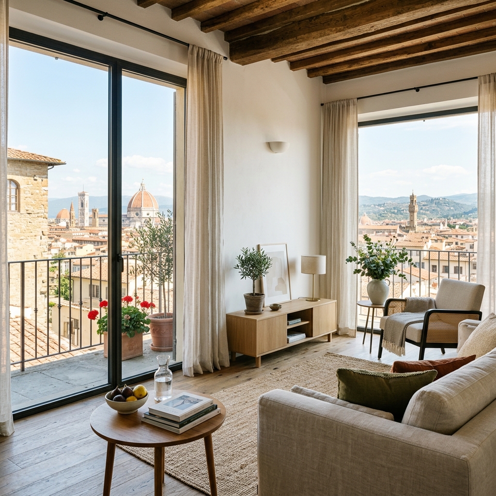 Soggiorno moderno e accogliente di una casa vacanze con vista su un panorama urbano. (Immagine generata con IA)