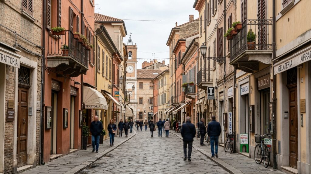 Una strada storica di Rimini con edifici tradizionali e indizi di appartamenti per affitti brevi. (Immagine generata con IA)