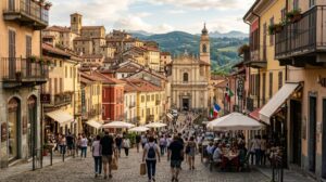 Panorama di una città piemontese con architetture tradizionali e moderne, che riflette il dinamismo del settore turistico. (Immagine generata con IA)