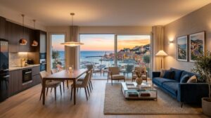 Interno elegante di un appartamento vacanze con vista su una città costiera ligure al tramonto. (Immagine generata con IA)