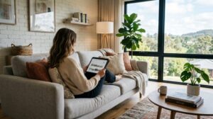 Interno di un moderno soggiorno di una casa vacanze con una persona di spalle che guarda un tablet. (Immagine generata con IA)