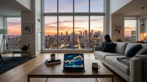 Interno moderno di un appartamento per affitti brevi con tablet che mostra grafici finanziari e vista su città.