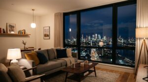 Interno di un moderno appartamento in affitto breve con vista notturna sulla città. (Immagine generata con IA)