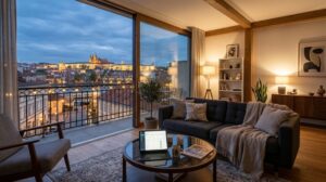 Interno moderno di un appartamento per affitti brevi con un tablet su un tavolino, che mostra un software gestionale, in un ambiente accogliente con illuminazione soffusa. (Immagine generata con IA)