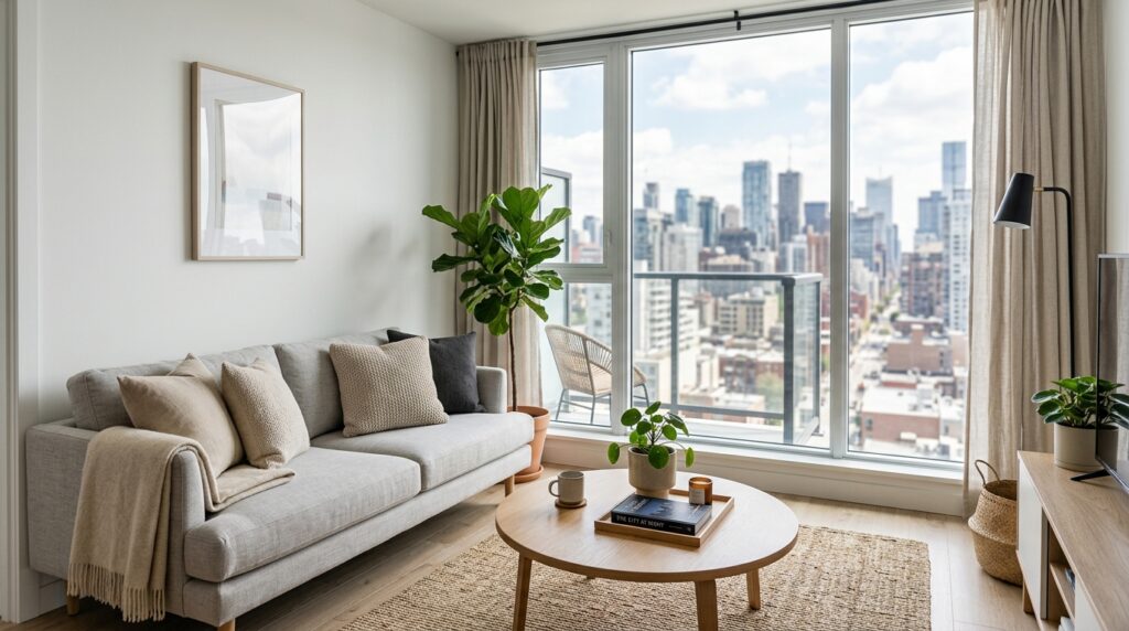 Interno moderno di un appartamento per affitti brevi con divano, tavolino e vista sulla città. (Immagine generata con IA)