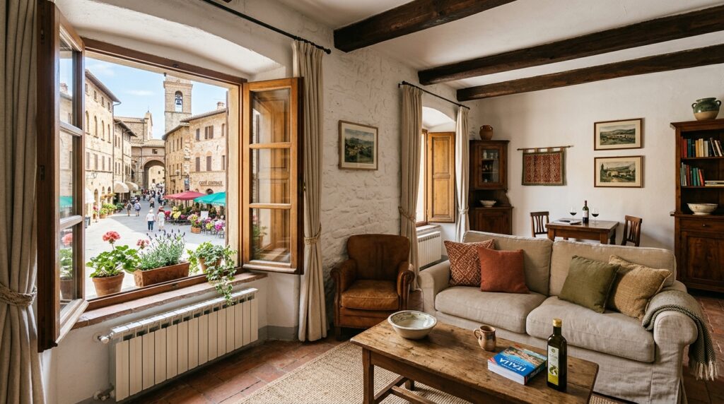 Interno luminoso di un appartamento per affitti brevi in Italia, con dettagli architettonici tradizionali e arredi moderni e una finestra che si affaccia su un tipico borgo italiano.