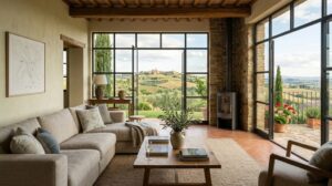 Interno di un soggiorno moderno ed elegante in una casa vacanze italiana, con ampie finestre che offrono una vista panoramica sul paesaggio circostante.