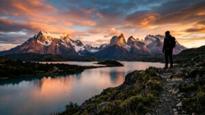 Splendido paesaggio della Patagonia al tramonto con montagne, lago e una baita remota in lontananza.